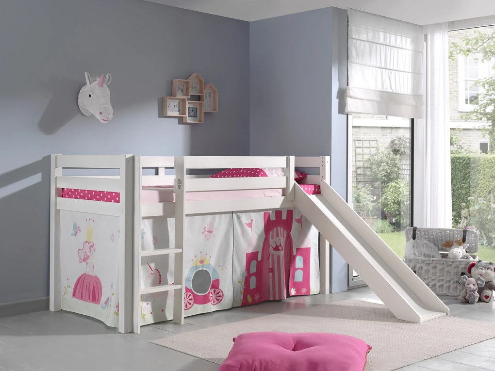 Conjunto Cama alta de Criança PINO 90 x 200 cm + estrado + escada + escorrega + cortina Princesa branca