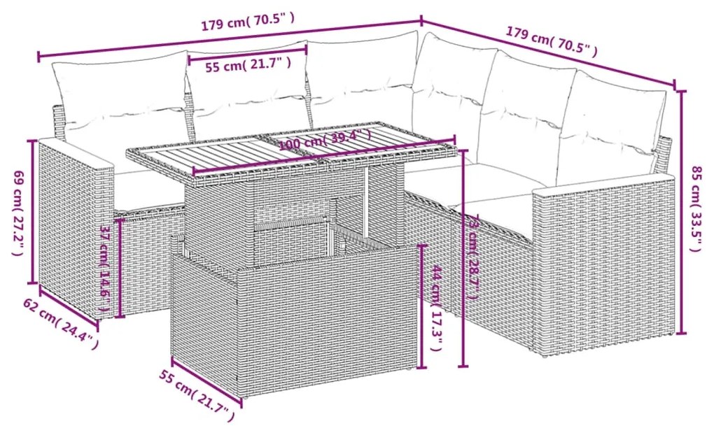 6 pcs conjunto sofás de jardim com almofadões vime cinzento