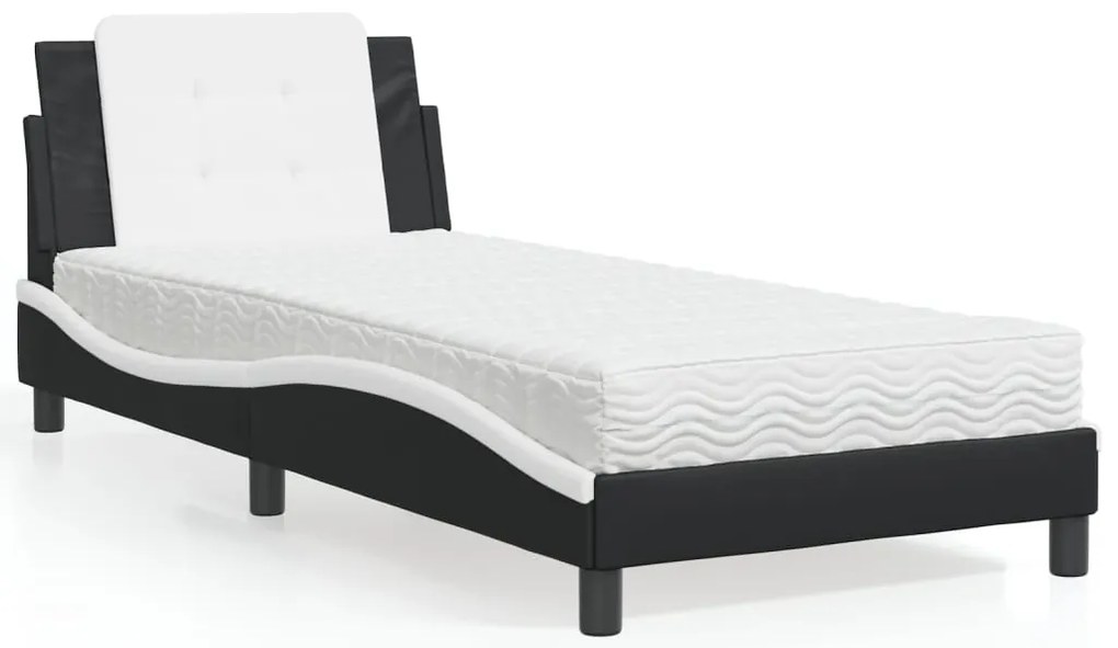 vidaXL Cama com colchão 90x200 cm couro artificial preto e branco