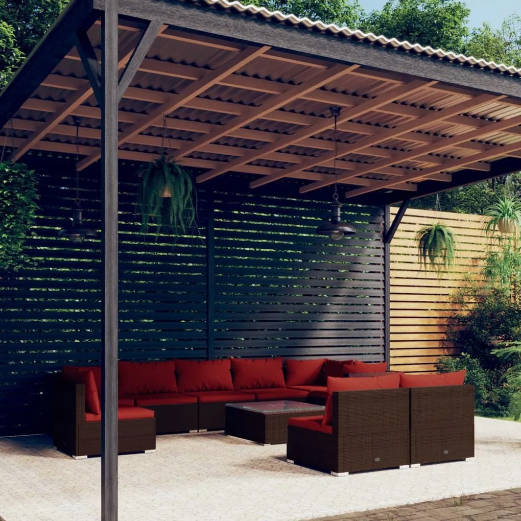 vidaXL 10 pcs conjunto lounge de jardim c/ almofadões vime PE castanho