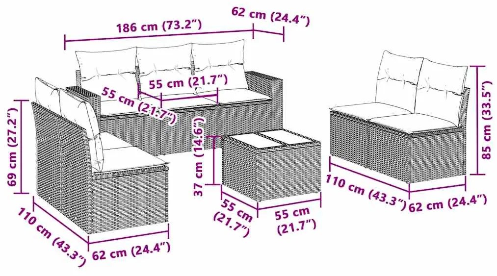 8 pcs conj. sofás jardim c/ almofadões vime PE cinzento-claro