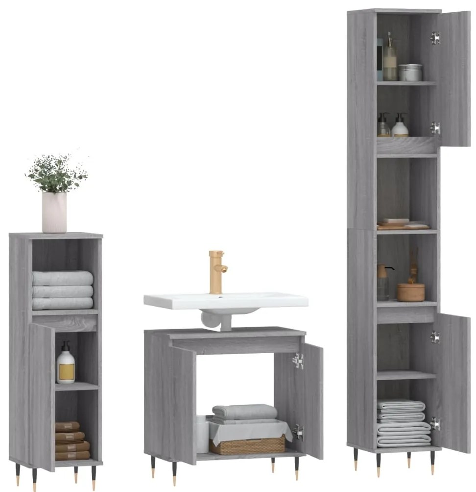 3 pcs conjunto móveis WC derivados de madeira cinzento sonoma