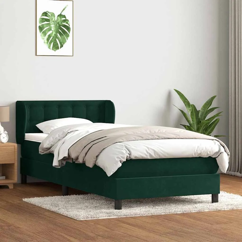 vidaXL Cama com molas/colchão 100x220 cm veludo verde-escuro