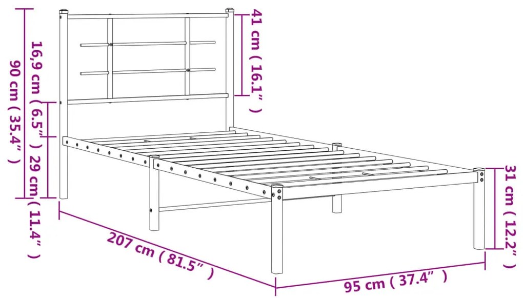 Estrutura de cama com cabeceira 90x200 cm metal preto