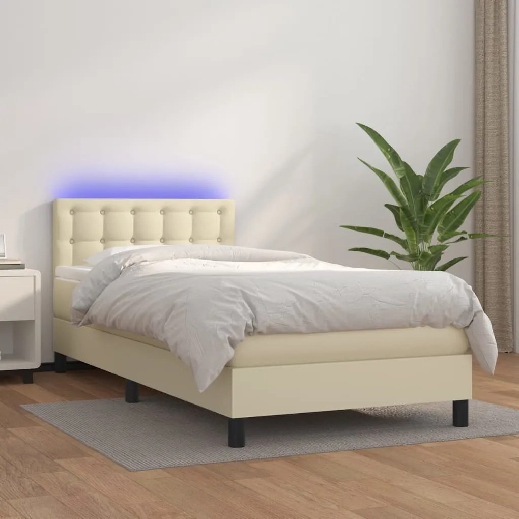 vidaXL Cama box spring c/ colchão/LED 100x200cm couro artificial creme