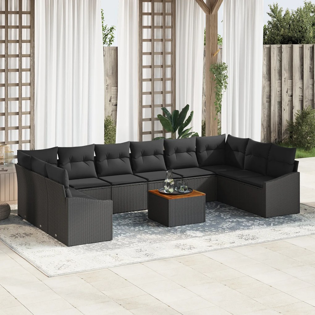 Conjunto de Sofás de Jardim de 11 Peças com Almofadas Preto Vime Polir