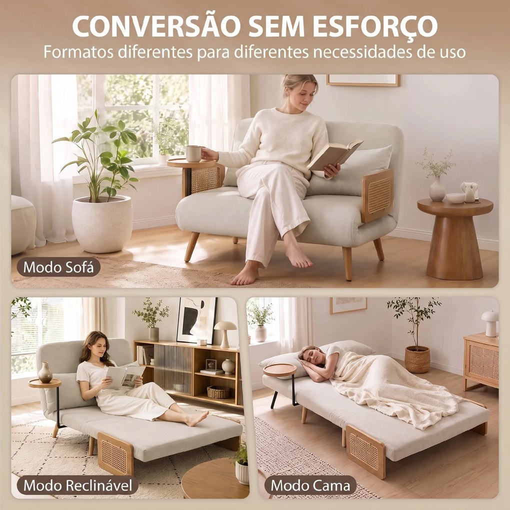 Sofá-Cama 2 Lugares 3 em 1 em Chenille com Encosto Ajustável, Mesa Lateral e 2 Almofadas, Creme