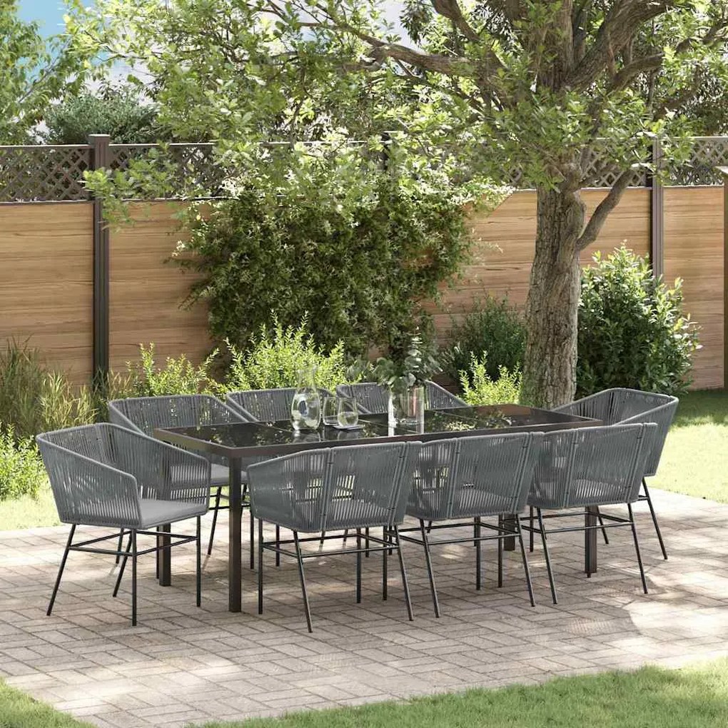 vidaXL Conjunto de Jantar de Jardim 9 Peças com Almofadas Cinza em Rattan Polipropileno.