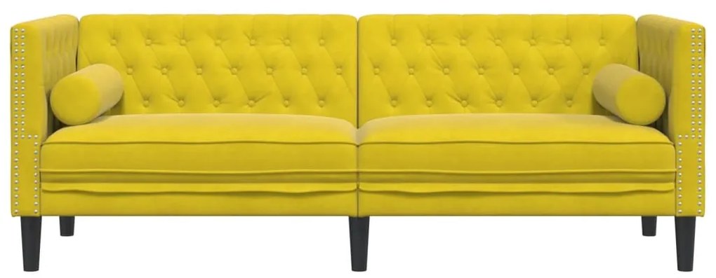 Sofá chesterfield com rolos 3 lugares veludo amarelo