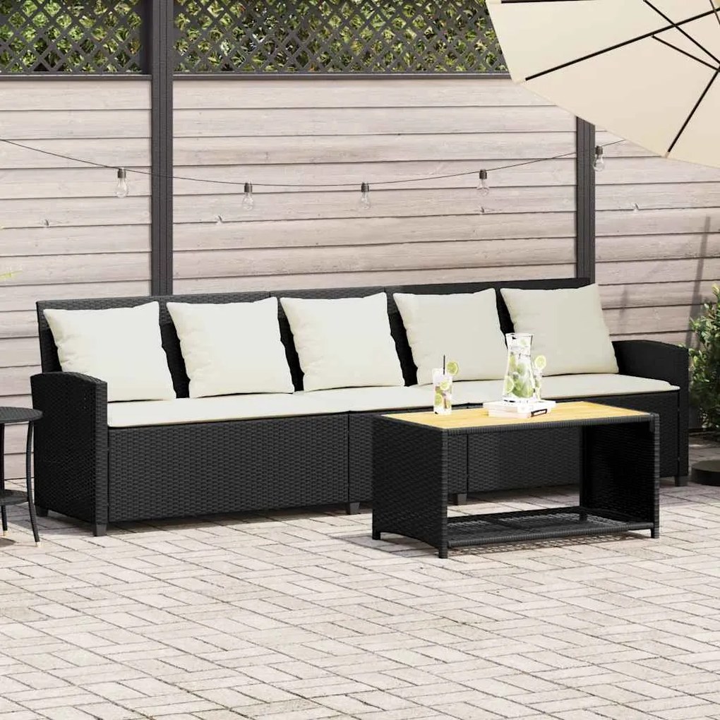Sofá de jardim 5 lugares com almofadões vime PE preto