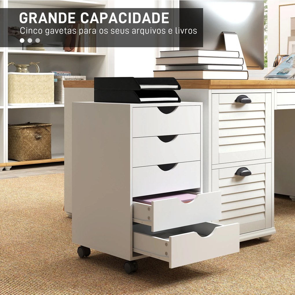 Bloco de Gavetas com Rodas Bloco de Gavetas para Escritório com 5 Gavetas 40x40x67 cm Branco