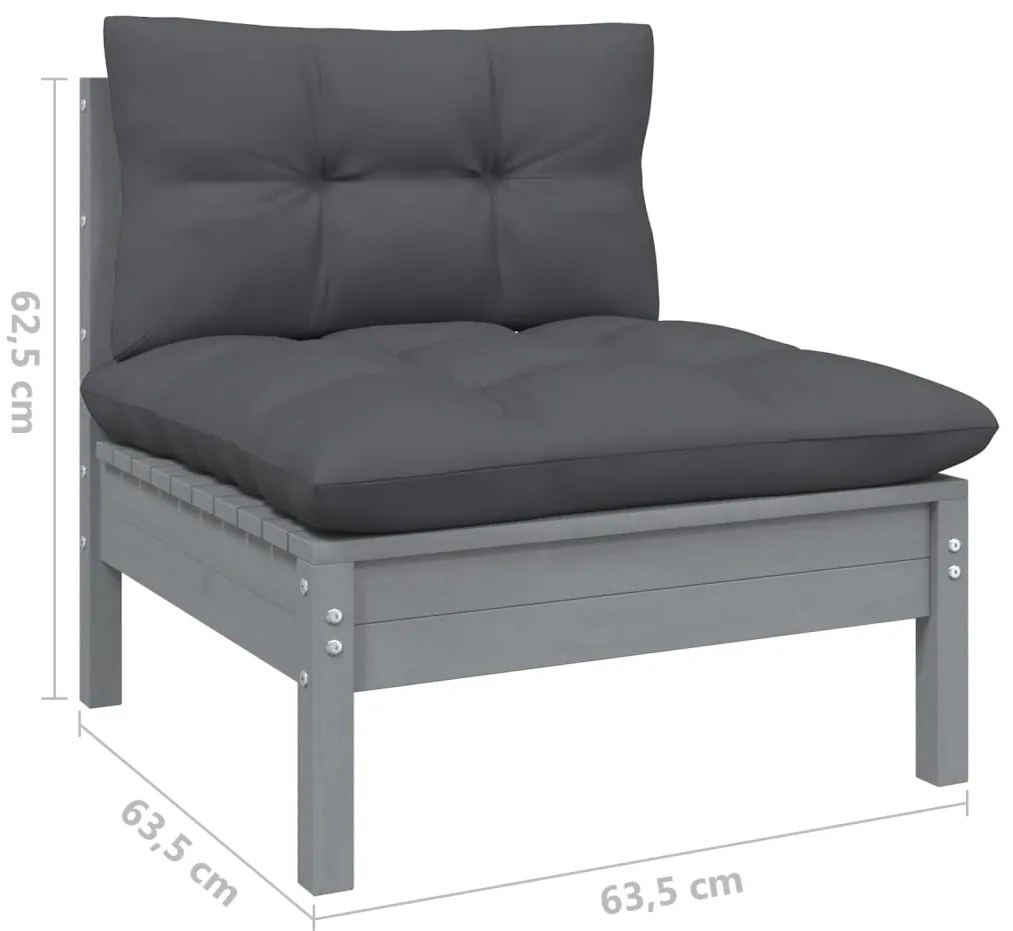 3 pcs conj. lounge jardim c/ almofadões pinho maciço cinzento