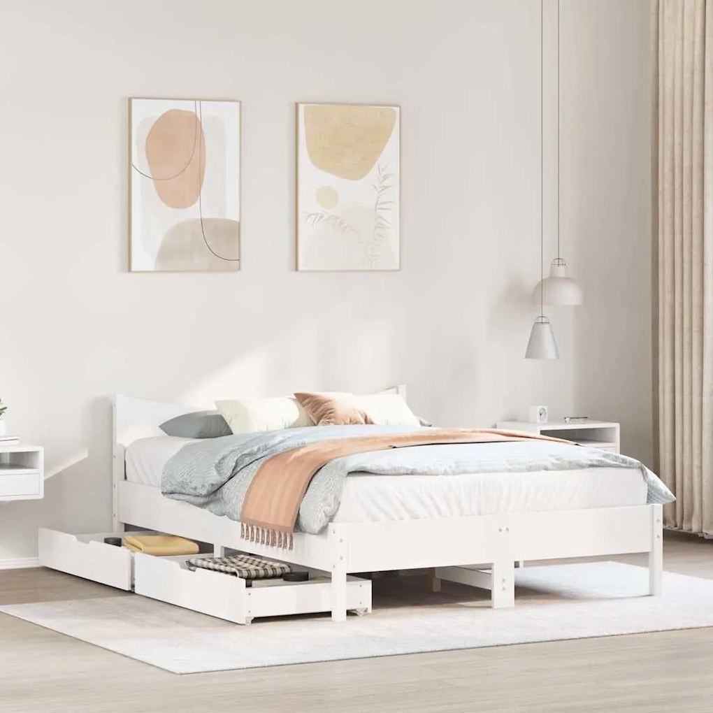 Estrutura de cama c/ gavetas 140x200 cm pinho maciço branco