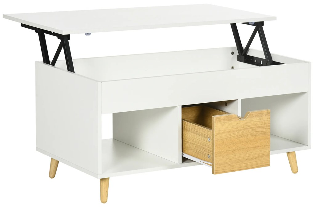HOMCOM Mesa de Centro Retangular com Tampo Elevatório 1 Gaveta 2 Nichos e Baú em Madeira Clara e Branco | Aosom Portugal