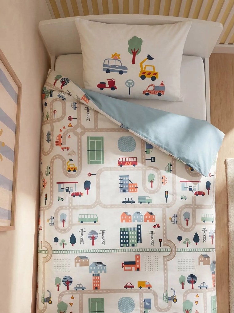 Jogo de cama Magicouette Circuito de carros, com algodão reciclado, para criança branco estampado
