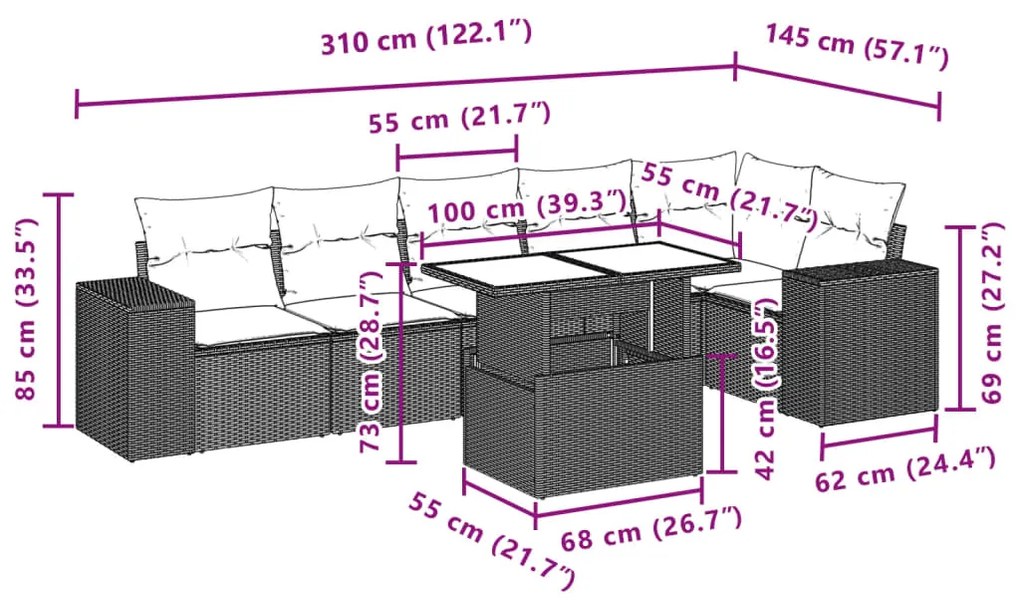 7 pcs conjunto de sofás p/ jardim com almofadões vime PE bege