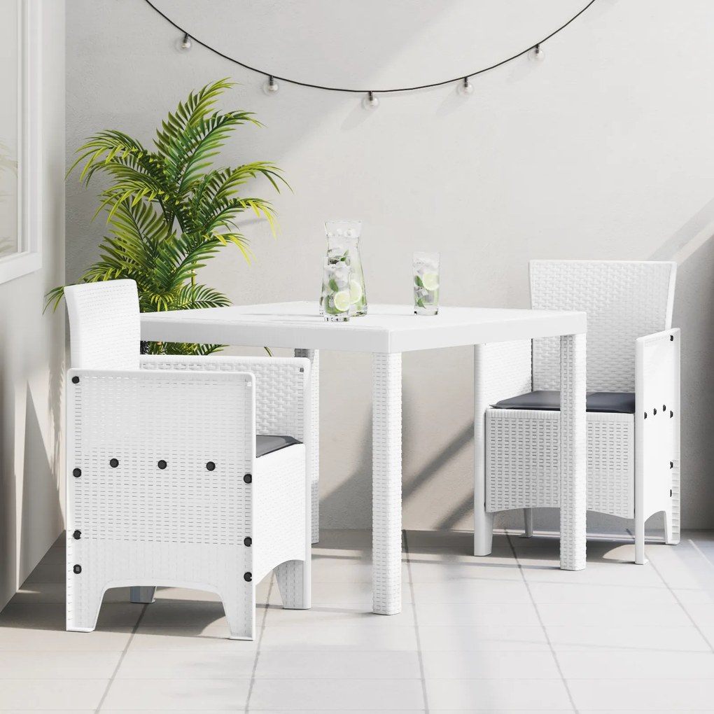 vidaXL Conjunto de Jantar de Jardim de 3 Peças com Almofadas Branco Rattan Sintético