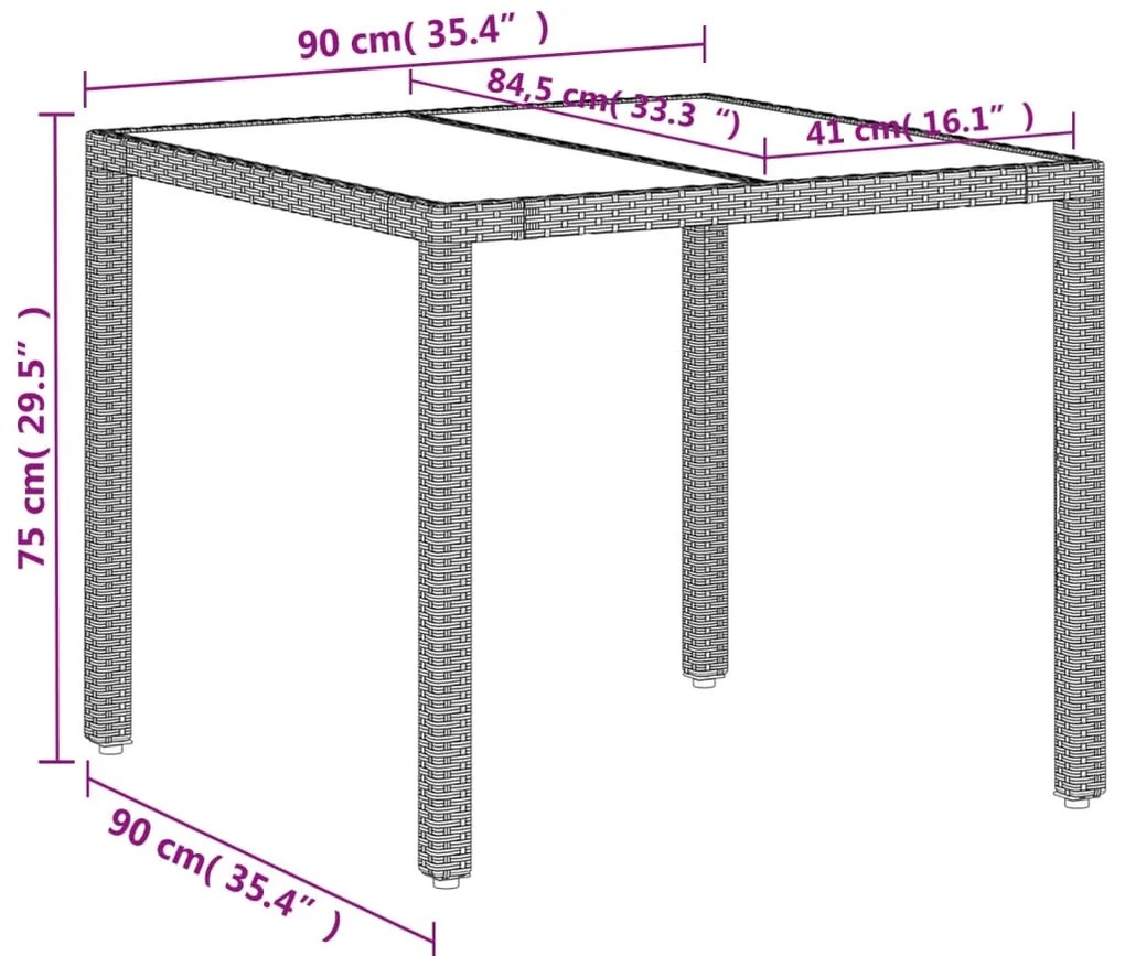 Mesa de jardim c/ tampo de vidro 90x90x75cm vime PE cinza-claro