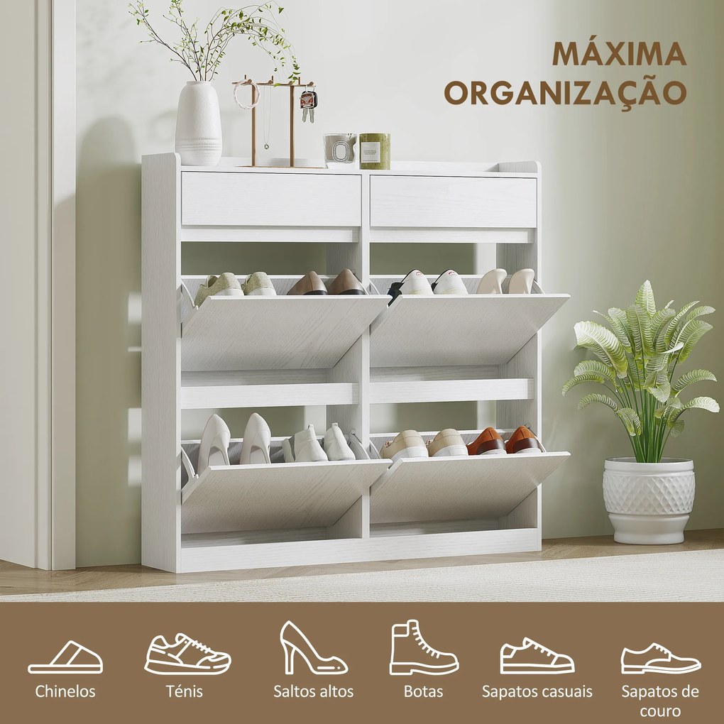 Sapateira Estreita com 4 Portas Sapateira para Entrada com 2 Gavetas para 8 Pares de Sapatos 98x19,2x95,3 cm Branco