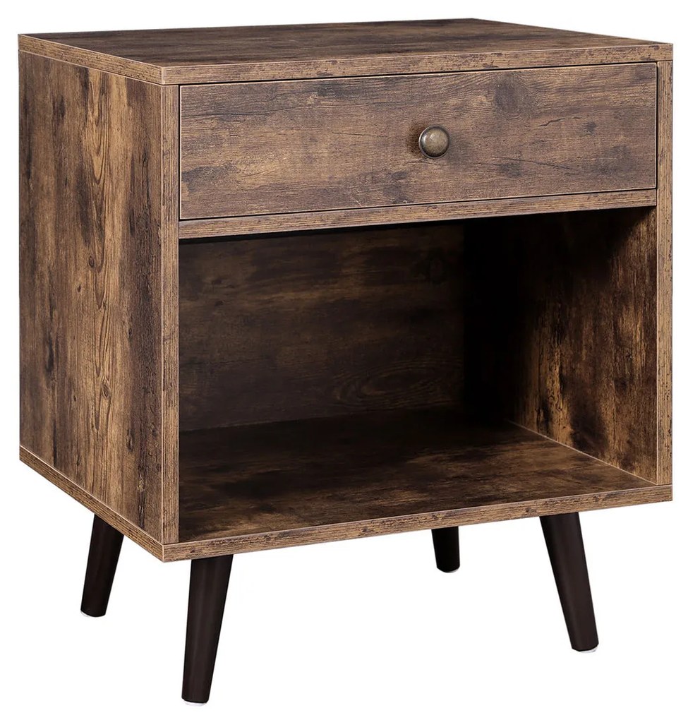 Mesa de cabeceira VASAGLE com gaveta e compartimento aberto, mesa de cabeceira pequena com pernas de madeira de pinho, para sala de estar e quarto, 50 x 40 x 58 cm, marrom rústico LET71BX