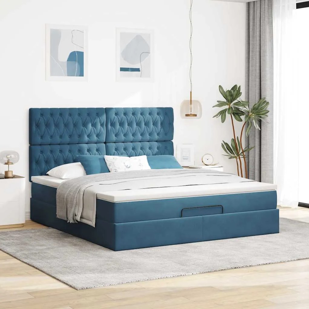 Estrutura cama otomana colchões 180x200 cm veludo azul escuro