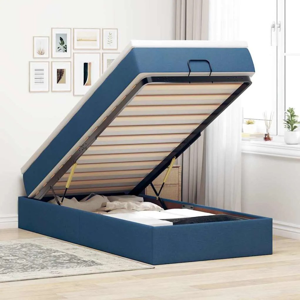 vidaXL Estrutura de cama otomana com colchão tecido azul 90x190cm