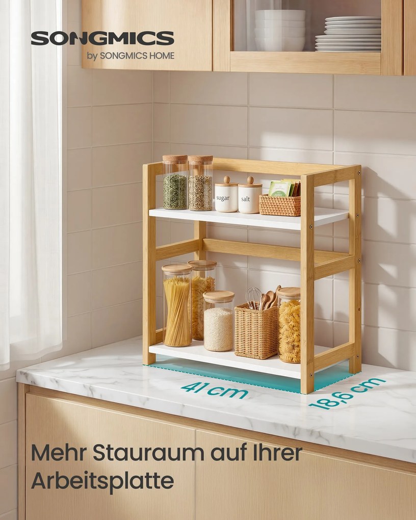 Estante para especiarias com 2 níveis 18,6 x 41 x 41 cm, em bambu bege natural e branco