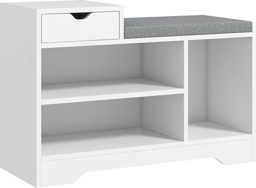 Móvel e banco sapateira com 1 gaveta e 3 compartimentos 76,5 x 30 x 52 cm, capacidade para 5 pares, em MDF branco e cinzento