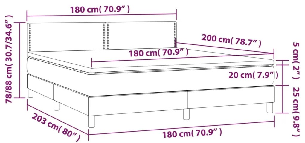 Cama box spring c/ colchão/LED 180x200cm couro artificial preto