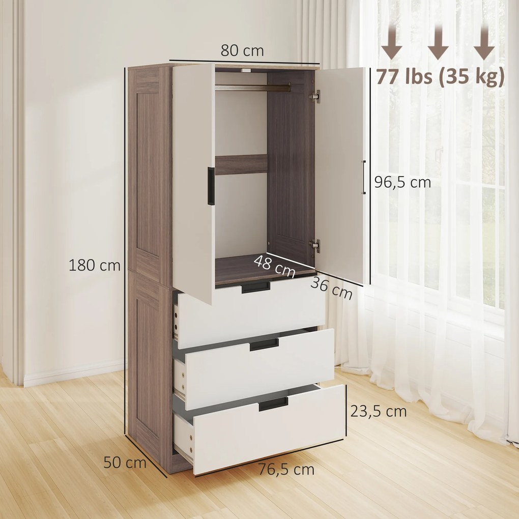 Guarda Roupa de 2 portas, armário moderno com 3 gavetas e varão para pendurar roupa, para quarto, castanho