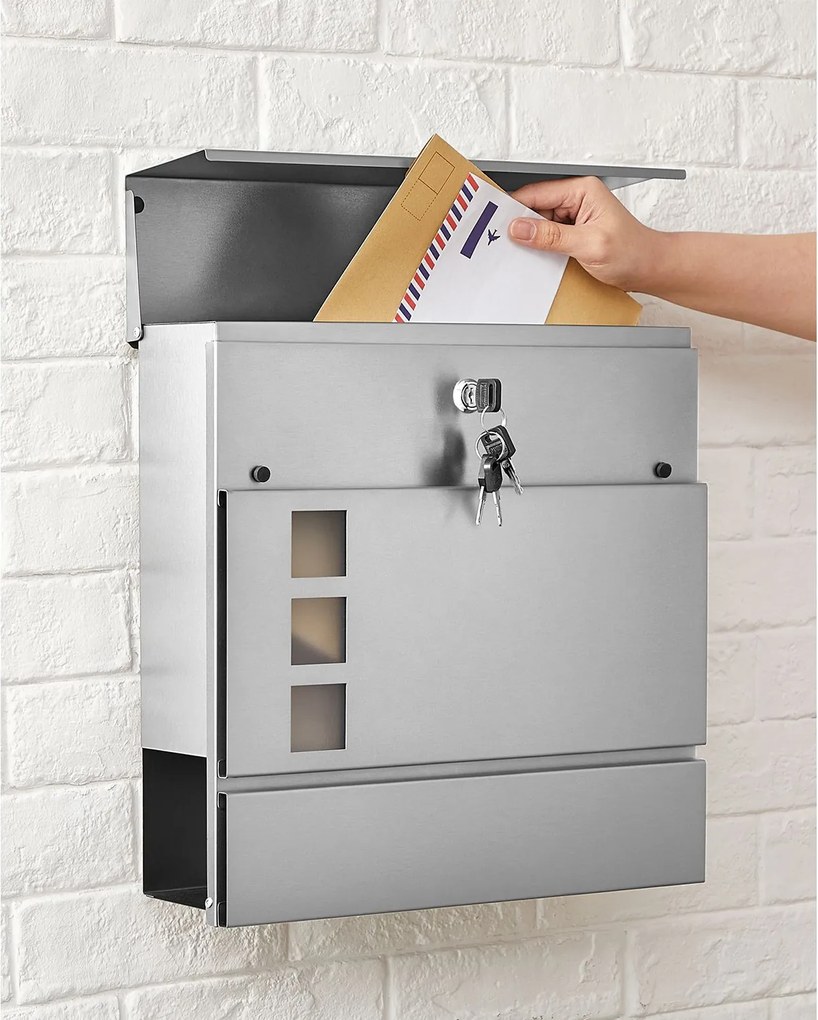 Caixa de correio de parede 37 x 10,5 x 37 cm com compartimento para jornais, prateada