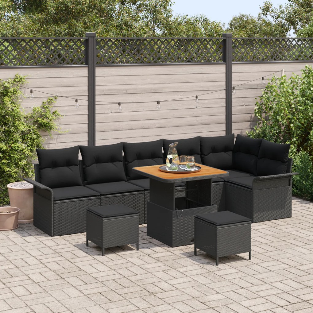 Conjunto de Sofá de Jardim de 9 Peças vidaXL com Almofadas em Rattan P