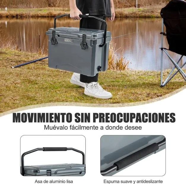 Geleira rotomoldado resistente de 21 L com alça de alumínio e porta-copos integrados. Retenção de gelo de 5 a 7 dias para Campismo Cinza