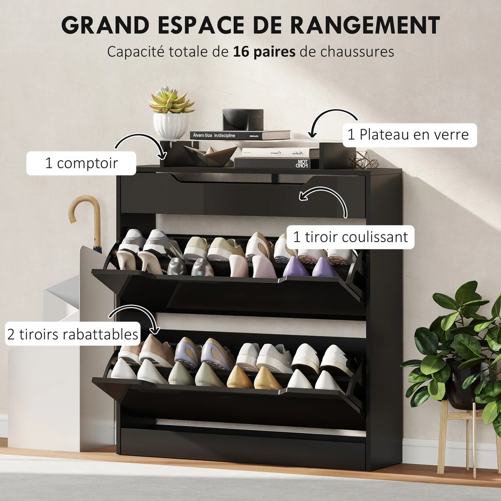 Sapateira 2 gavetas basculantes, 1 gaveta deslizante, 1 balcão, 89 x 23 x 96 cm, preto