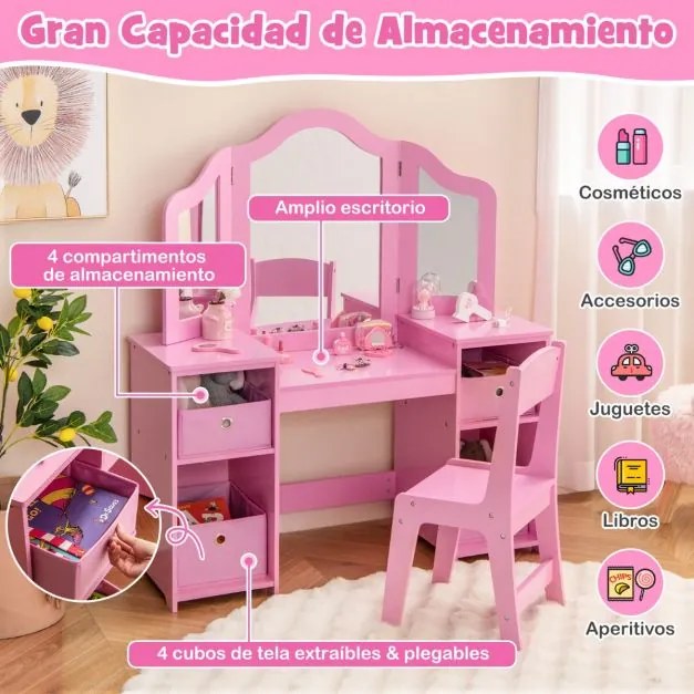 Conjunto 2 em 1 Toucador e Cadeira de Maquiagem para Crianças a partir de 3 anos com 3 Espelhos Removíveis e 4 Compartimentos de Armazenamento Rosa