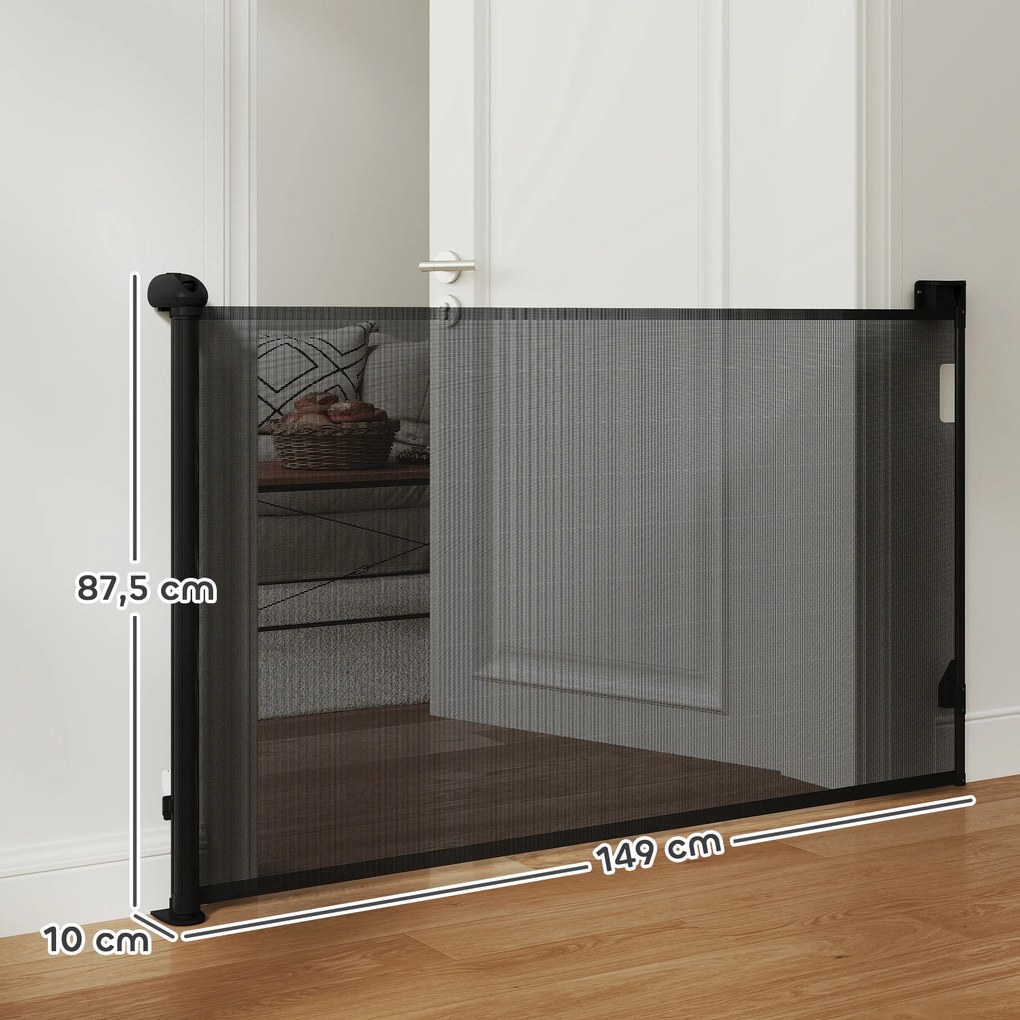 Barreira para Cães Retrátil 0-144 cm para Cães Pequenos Barreira de Segurança para Animais de Estimação com Fecho Preto