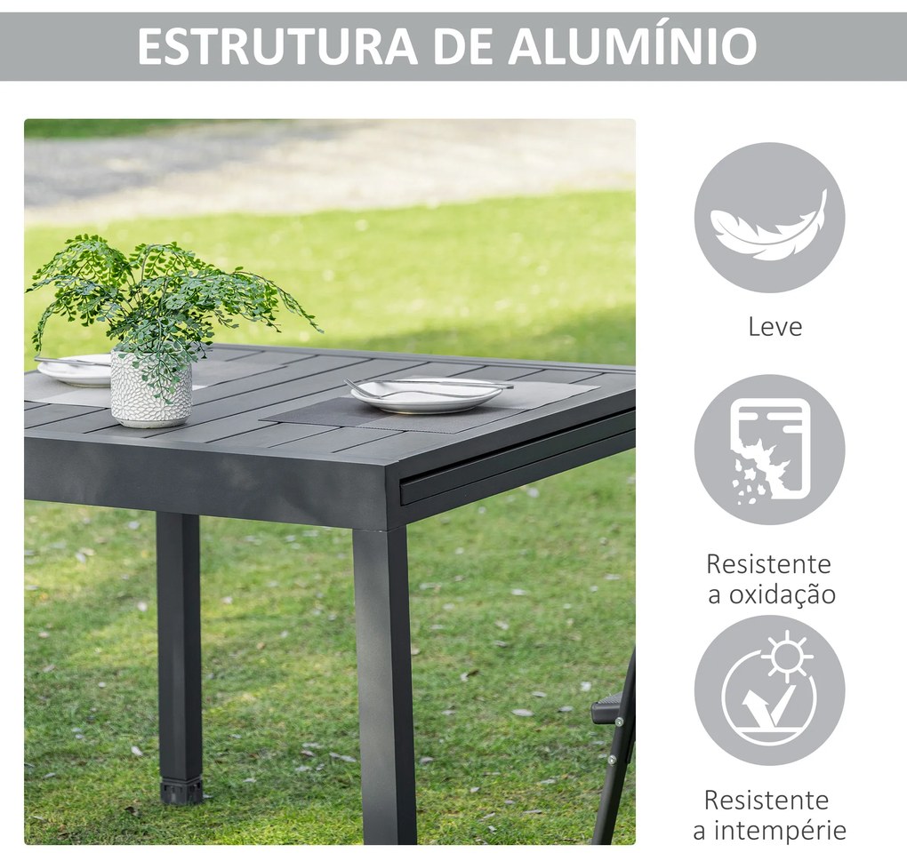 Outsunny Mesa de Jardim Extensível de Alumínio Mesa de Jantar Retangular para 4-6 Pessoas Carga Máxima 70kg para Pátio Terraço Exterior 180x90x73cm Cinza