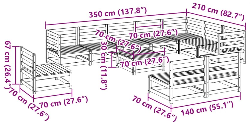 11 pcs conjunto sofás de jardim madeira de pinho maciça
