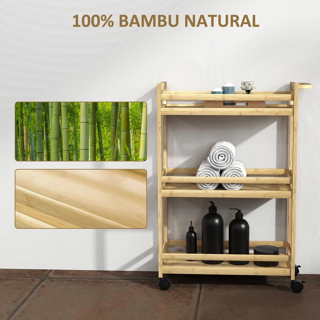 Carrinho para Casa de Banho de Bambu com 3 Níveis Carrinho de Arrumação para Casa de Banho Cozinha 55x20x75 cm Madeira