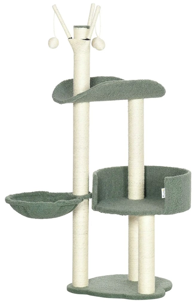 PawHut Árvore Arranhador para Gatos com Rede Cama Postes de Sisal e Bola de Brincar 44x43x123cm Verde e Creme