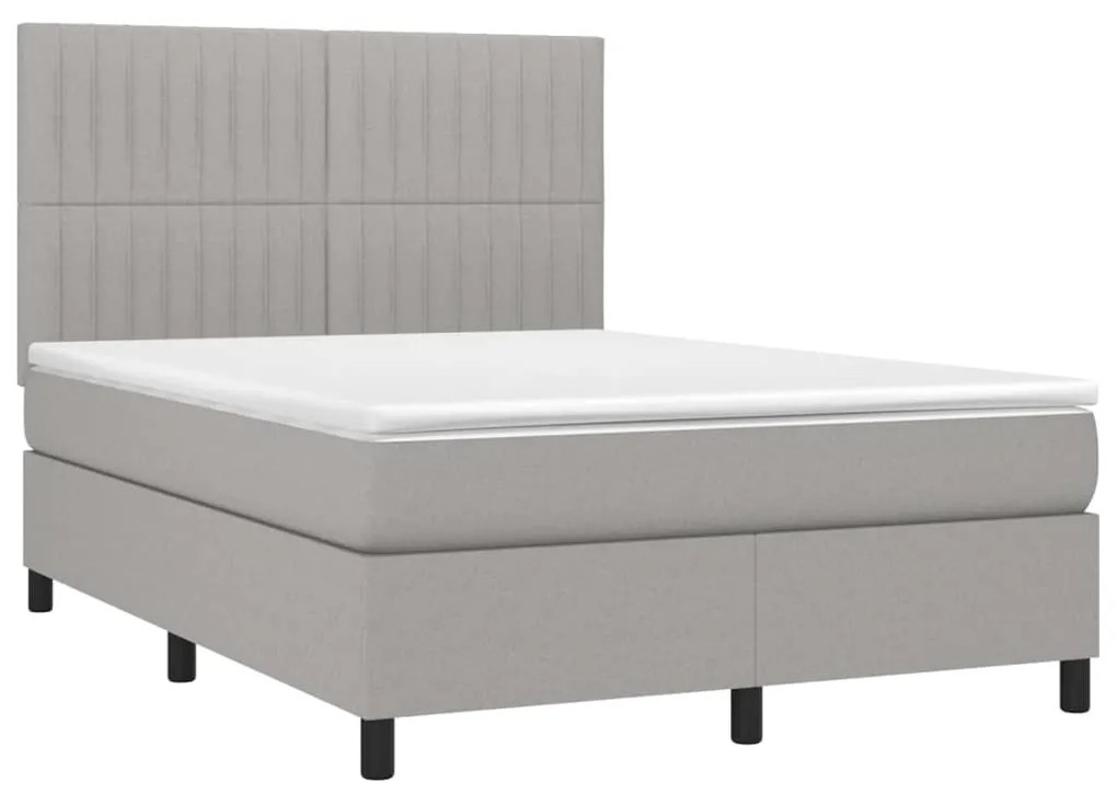 Cama box spring c/ colchão e LED 140x190 cm tecido cinza-claro