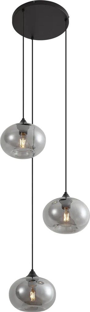 Candeeiro de suspensão Art Deco preto com vidro fumê 3 luzes redondo - Busa