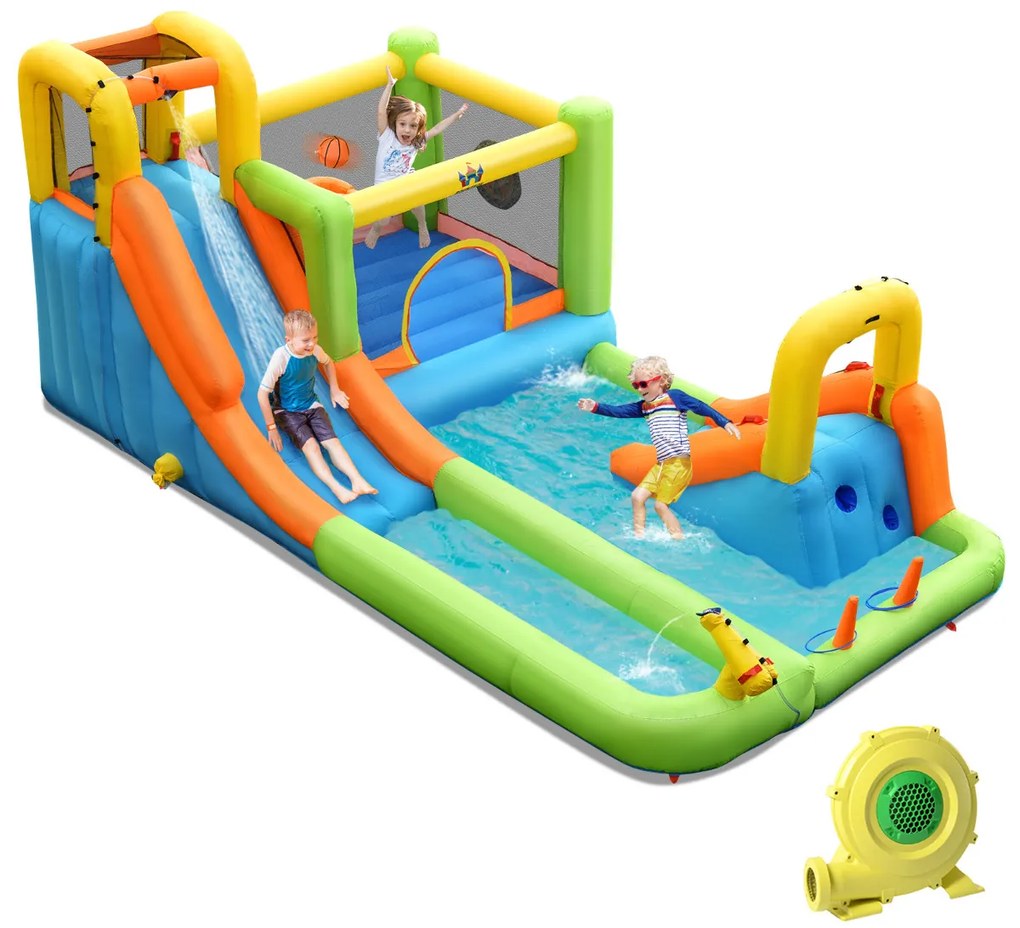 Parque aquático insuflável com soprador, escorrega, cesto de basquetebol, lançamento de anéis e parede de escalada 503 x 290 x 216 cm Multicolorido
