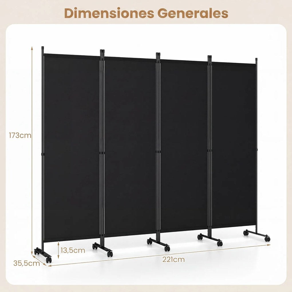 Biombo Separador de Espaço Dobrável, 221 x 35,5 x 173 cm, 4 Painéis com Rodas Bloqueáveis, Preto