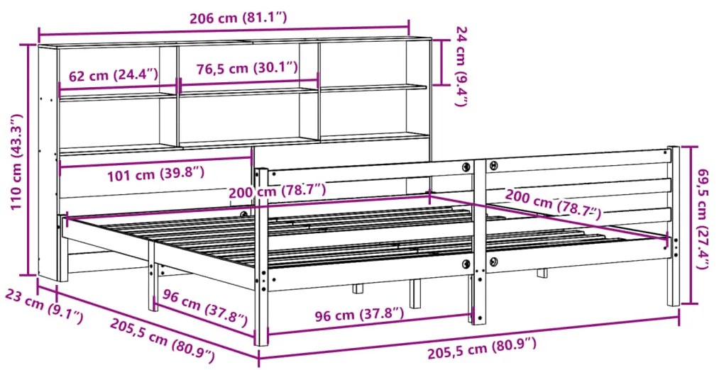 Cama com estante sem colchão 200x200 cm pinho maciço