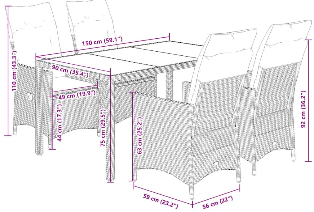 5 pcs conjunto de jantar p/ jardim c/ almofadões vime PE preto