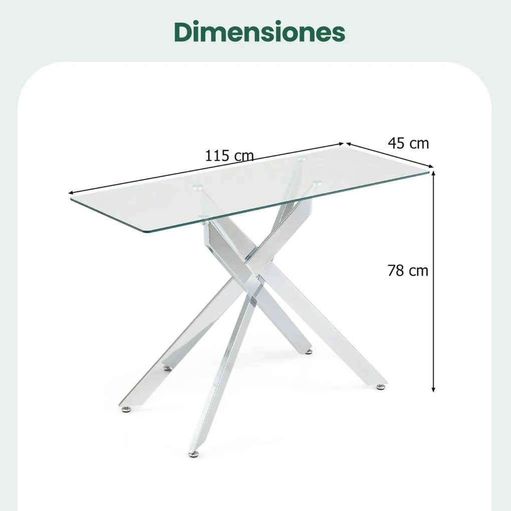 Mesa Consolal 115 x 45 x 78 cm com Tampo Temperado e Pernas de Metal para Sala ou Hall Entrada Prateada