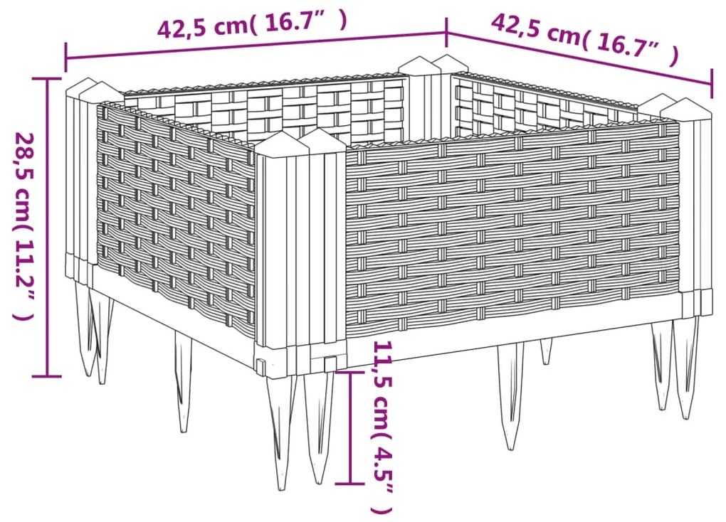 Vaso/floreira de jardim c/ estacas 42,5x42,5x28,5 cm PP preto
