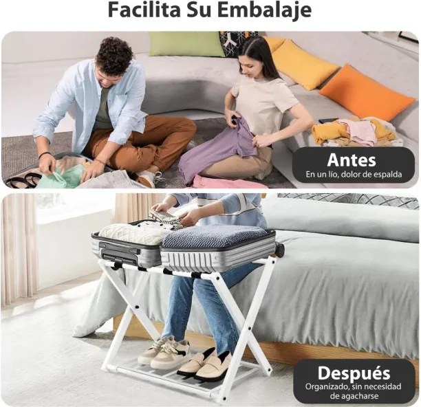 Conjunto 2 estantes de metal para bagagens até 60 kg com 4 correias estáveis e 2 pisos para casa e hotel 68 x 43 x 58 cm Branca