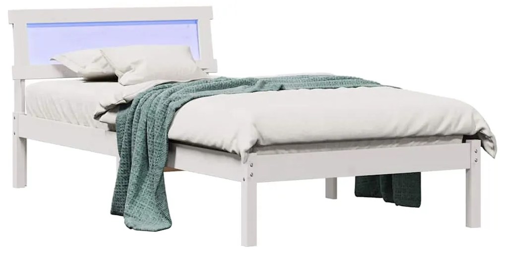 Cama com Cabeceira de LED Branca, 90 x 200 cm, em Madeira de Pinus